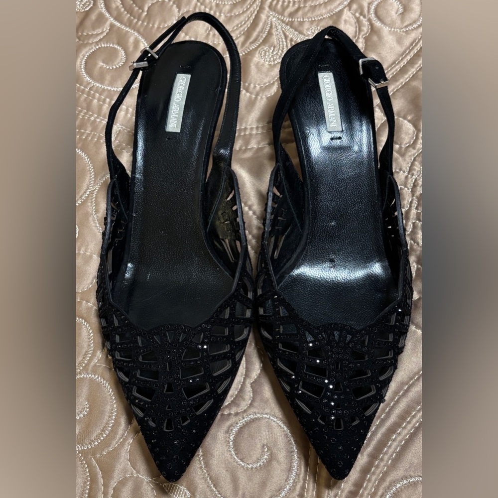 Giorgio Armani Women's Black Rhinestone Embellished Slingback Kitten Heels Sz 7
